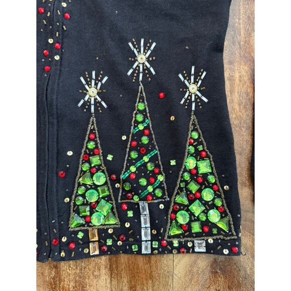 Berek Black Full Zip Sequin Sparkle Beads Christmas tree Cardigan Sweater Size M - Picture 3 of 5